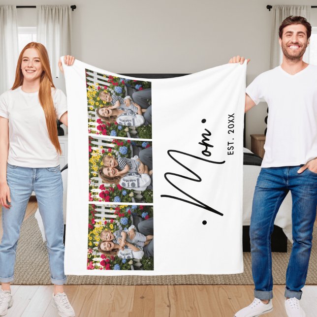 Mom Established Script 3 Photo White Fleece Blanket (Creator Uploaded)