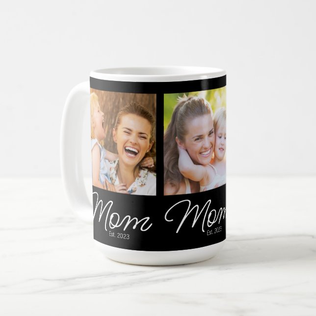 Mom Established Script Black 3 Photo Coffee Mug (Front Left)