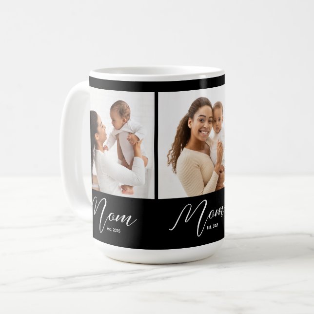 Mom Established Script Black 3 Photo Coffee Mug (Front Left)