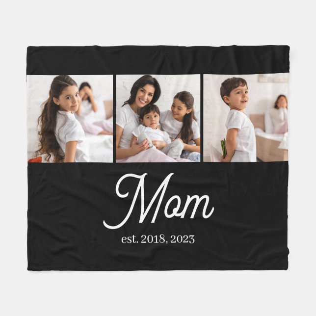 Mom Established Script Black 3 Photo Fleece Blanket (Front (Horizontal))