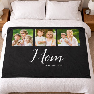 Mom Established Script Black 3 Photo Fleece Blanket