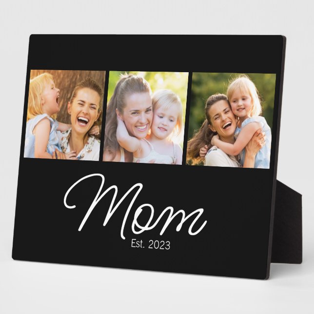Mom Established Script Black 3 Photo Plaque (Side)