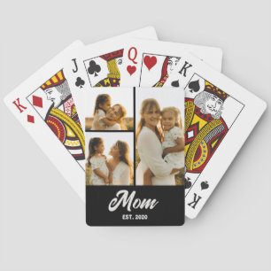 Mom Established Script Black 3 Photo Playing Cards
