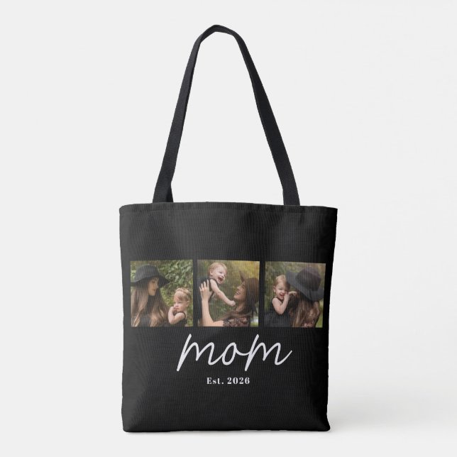 Mom Established Script Black 3 Photo Tote Bag (Back)