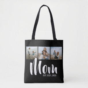 Mom Established Script Black 3 Photo Tote Bag