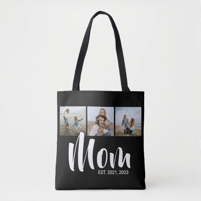 Mom Established Script Black 3 Photo Tote Bag (Front)