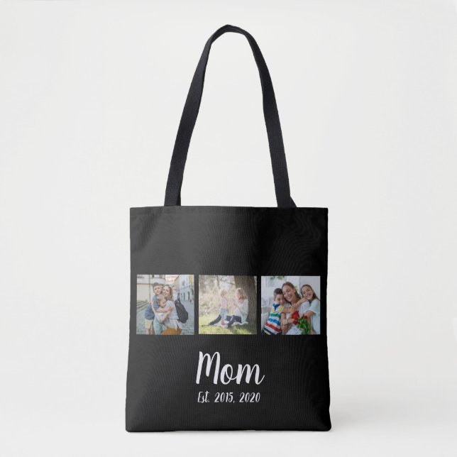 Mom Established Script Black 3 Photo Tote Bag (Front)