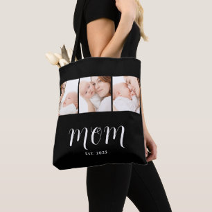Mom Established Script Black 3 Photo Tote Bag