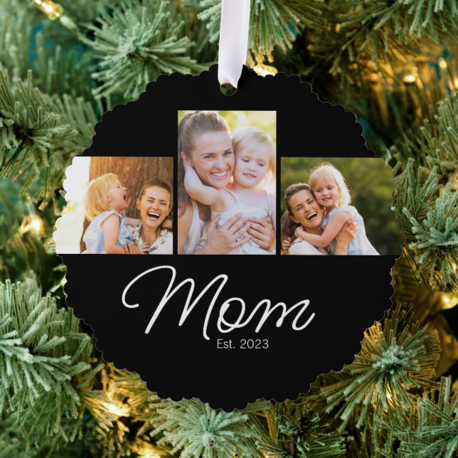 Mom Established Script Black 3 Photo Tree Decoration Card (Insitu (Tree))