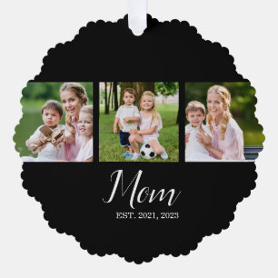 Mom Established Script Black 3 Photo Tree Decoration Card