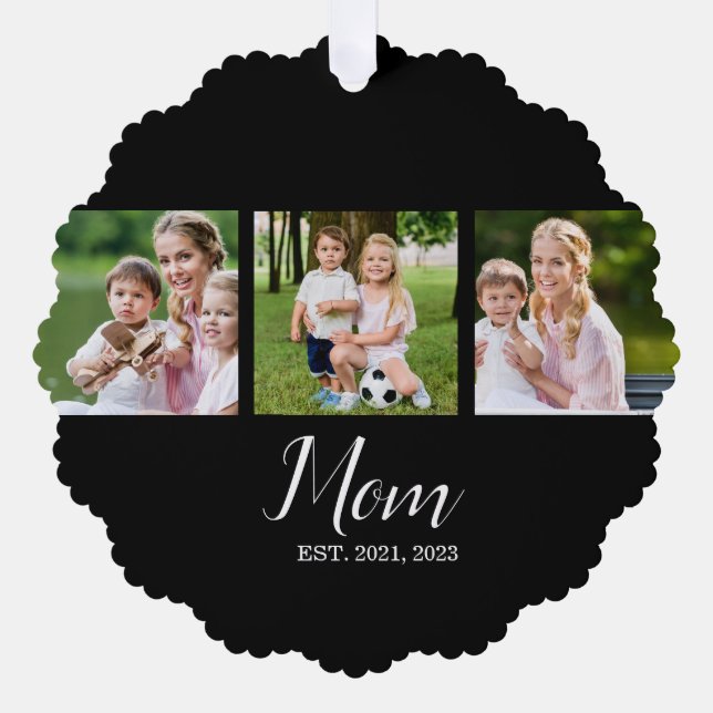 Mom Established Script Black 3 Photo Tree Decoration Card (Front)