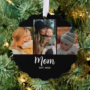 Mom Established Script Black 3 Photo  Tree Decoration Card