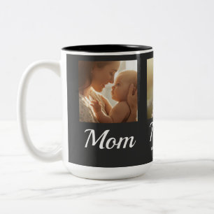 Mom Established Script Black 3 Photo Two-Tone Coffee Mug