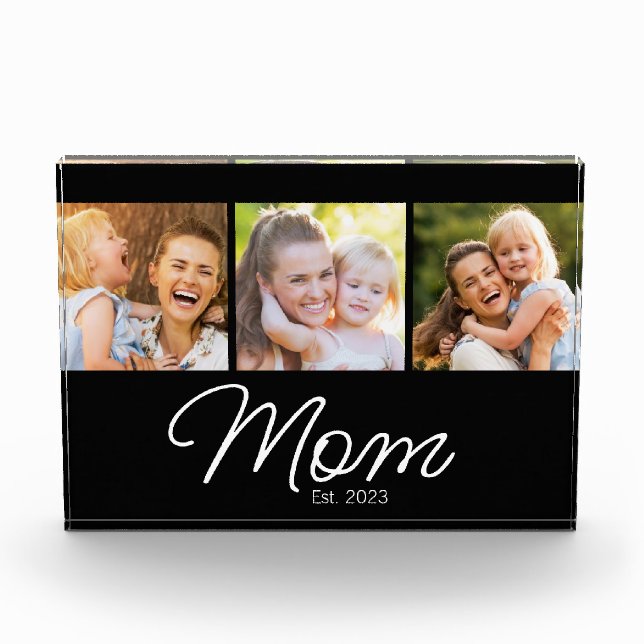 Mom Established Script Black 3 Picture Photo Block (Front)