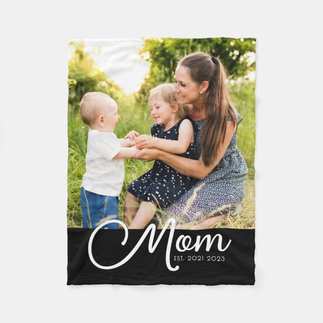 Mom Established Script Black Photo  Fleece Blanket (Front)