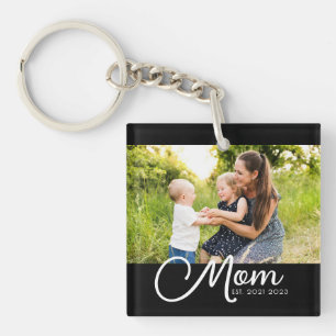 Mom Established Script Black Photo Key Ring