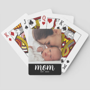 Mom Established Script Black Photo Playing Cards