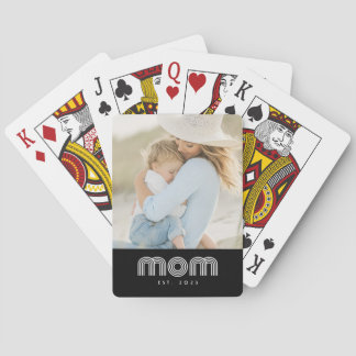Mom Established Script Black Photo Playing Cards