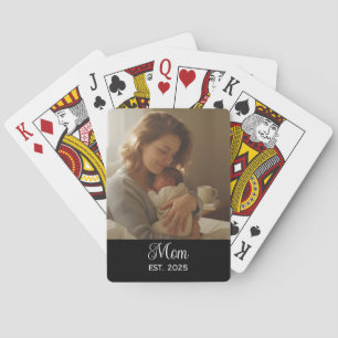 Mom Established Script Black Photo Playing Cards