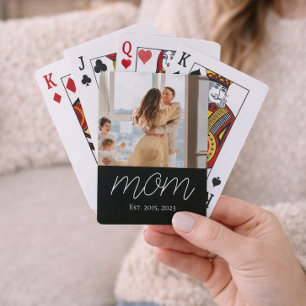 Mom Established Script Black Photo Playing Cards