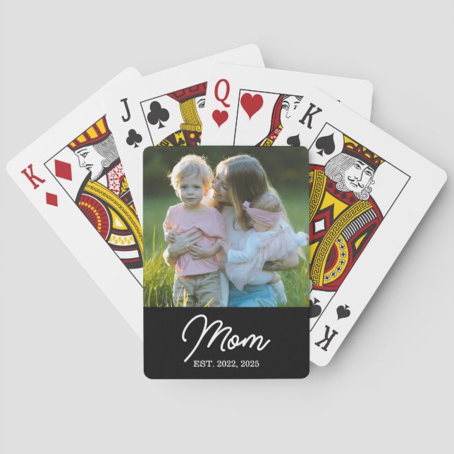 Mom Established Script Black Photo Playing Cards (Back)
