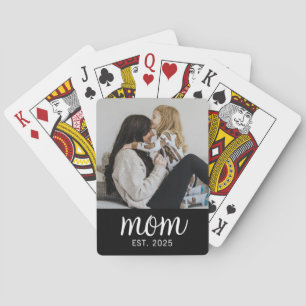 Mom Established Script Black Photo Playing Cards