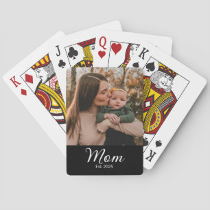 Mom Established Script Black Photo Playing Cards