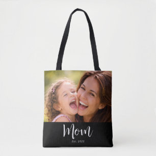 Mom Established Script Black Photo Tote Bag