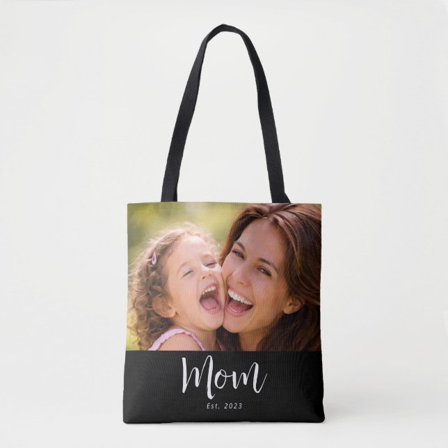 Mom Established Script Black Photo Tote Bag (Front)