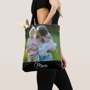 Mom Established Script Black Photo Tote Bag