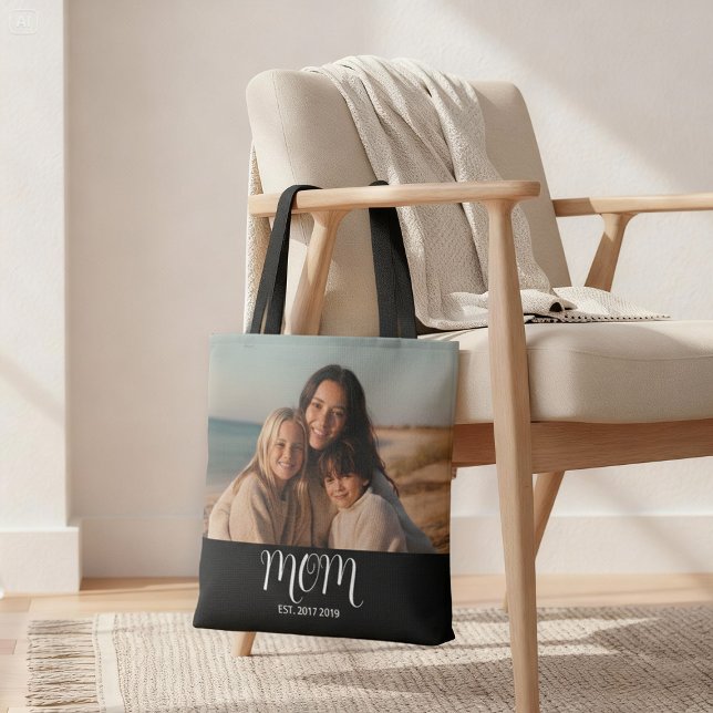 Mom Established Script Black Photo Tote Bag (Creator Uploaded)