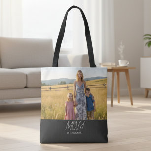 Mom Established Script Black Photo Tote Bag