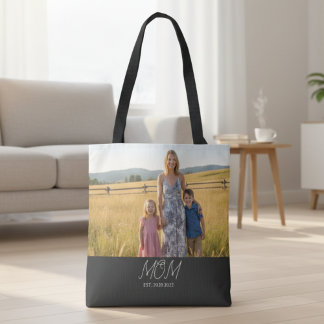 Mom Established Script Black Photo Tote Bag