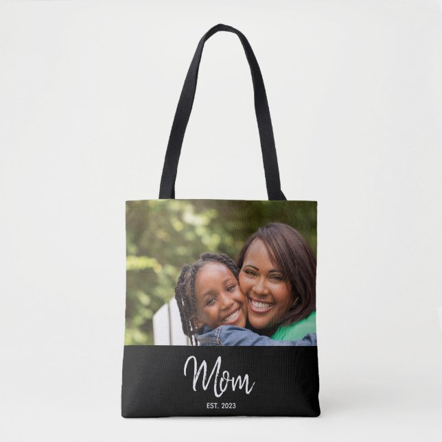 Mom Established Script Black Photo Tote Bag (Front)