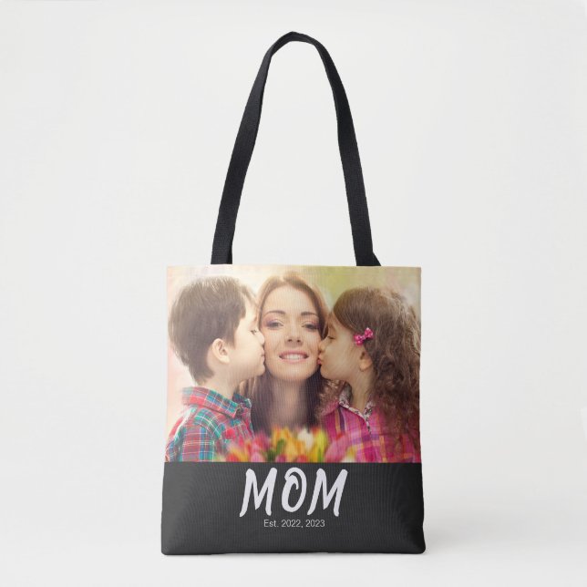 Mom Established Script Black Photo Tote Bag (Front)