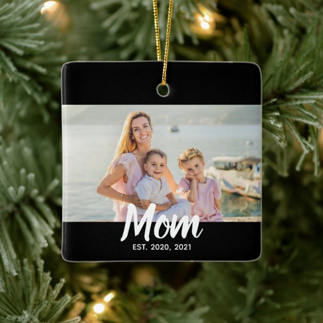 Mom Established Script Photo Custom Date Ceramic Ornament (Tree)