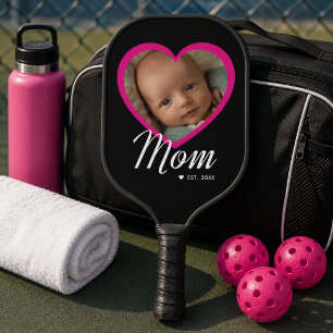 Mom Established Script Pink Heart Photo Black Carb Pickleball Paddle