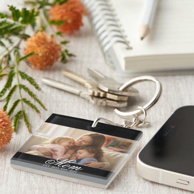 Mom Established White Elegant Script Photo Key Ring (Front Right)