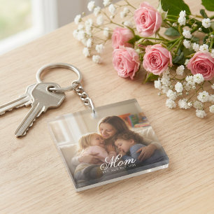 Mom Established White Elegant Script Photo Key Ring