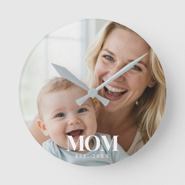 MOM Established White Typography Photo Gift Round Clock (Front)