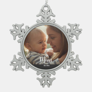 Mom Established Year Script Photo Snowflake Pewter Christmas Ornament