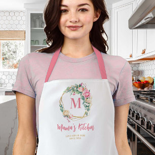 Mom Gift Pink Blush Roses Flowers Wreath Monogram Apron