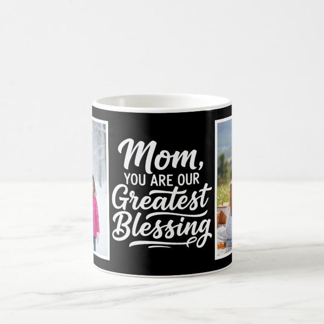 Mom Greatest Blessing Brush Script 2 Photo Black Coffee Mug (Center)