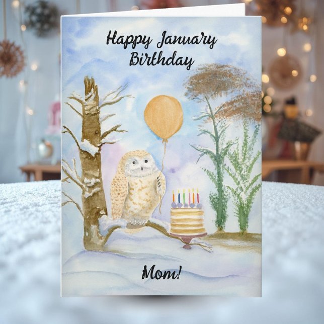 Mom Happy January Birthday Owl Cake Card (Creator Uploaded)