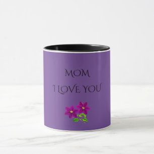 'MOM' I LOVE YOU purple flowers two toned mug. Mug