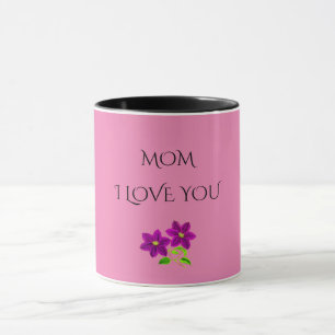 'MOM' I LOVE YOU purple flowers two toned mug. Mug