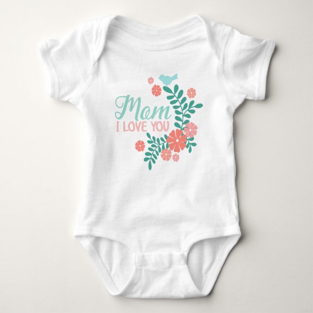 Mom I love you text, blue bird, pink flowers Baby Bodysuit (Front)