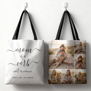 Mom Is a Verb Family Photo Collage Mother Keepsake Tote Bag
