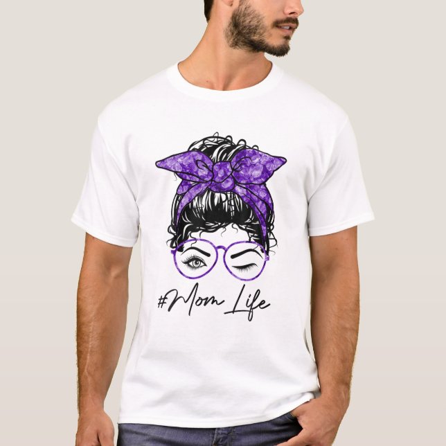 Mom Life Messy Bun Wink Eye Purple Headband Mother T-Shirt (Front)