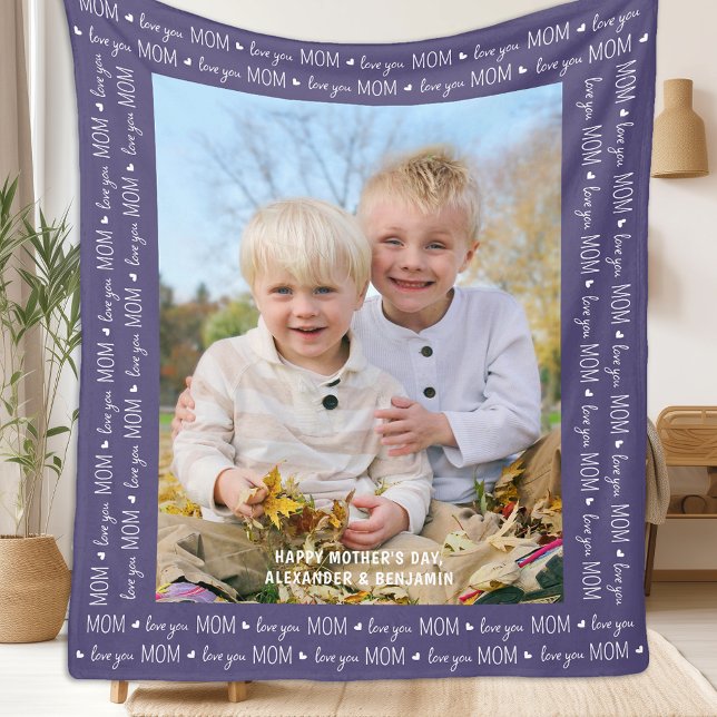 MOM Love You Personalised Modern Purple Photo Fleece Blanket (Creator Uploaded)